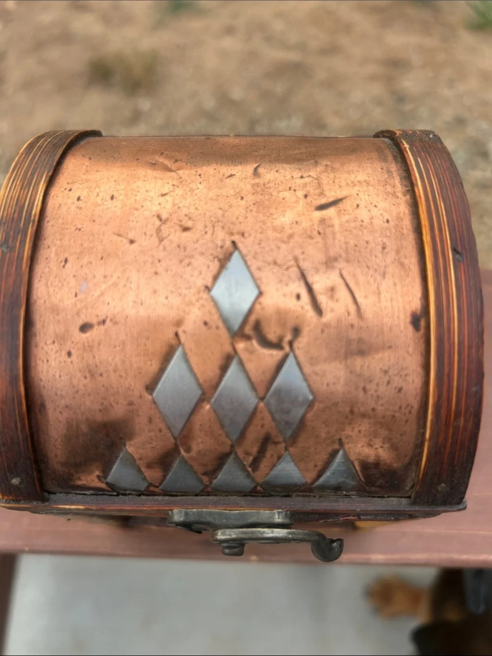 Vintage Bamboo Wood Trinket Box with Copper and Silver-Tone Accents.